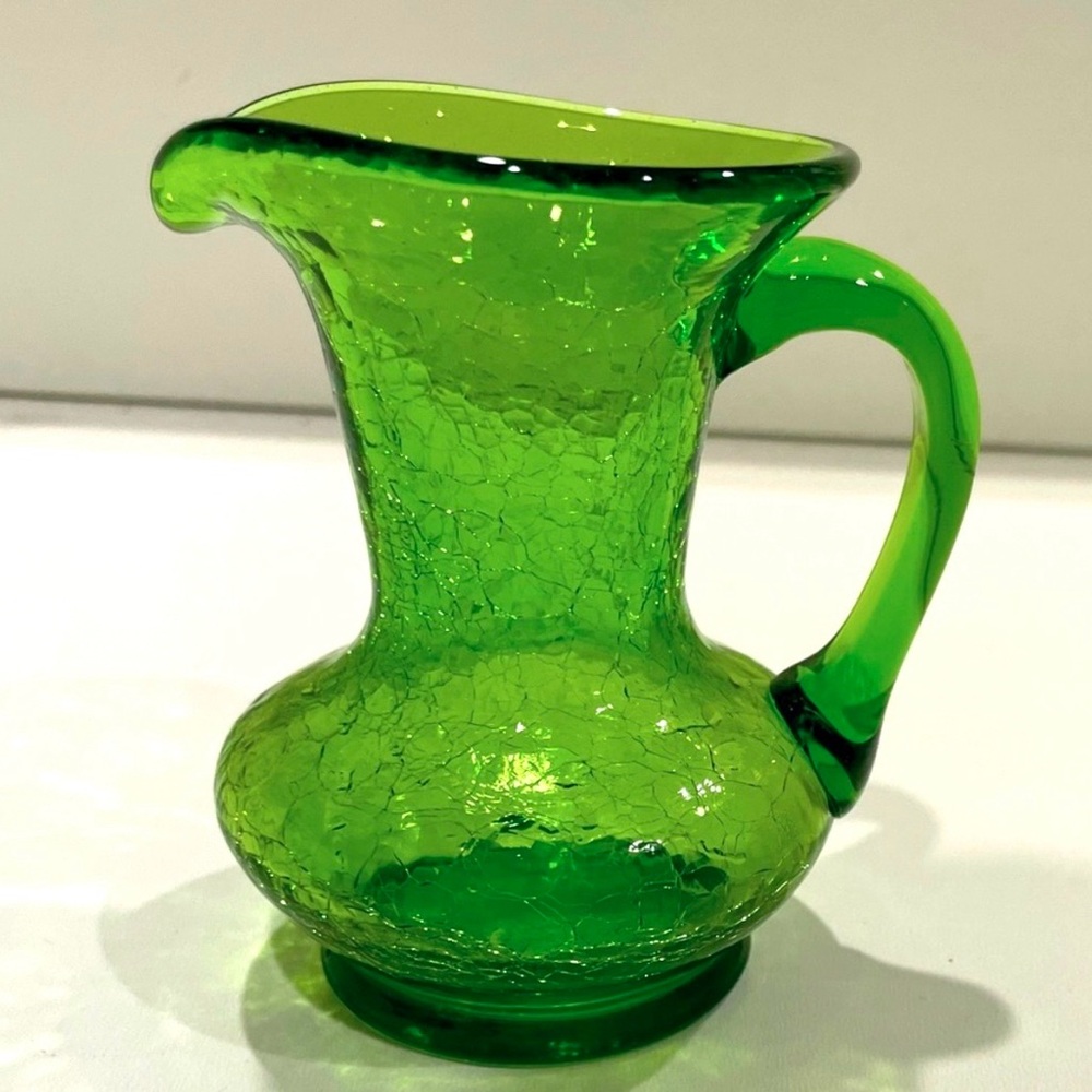 Vintage Petite Green Pitcher Mini Vase 4”H | Handblown Crackle Glass